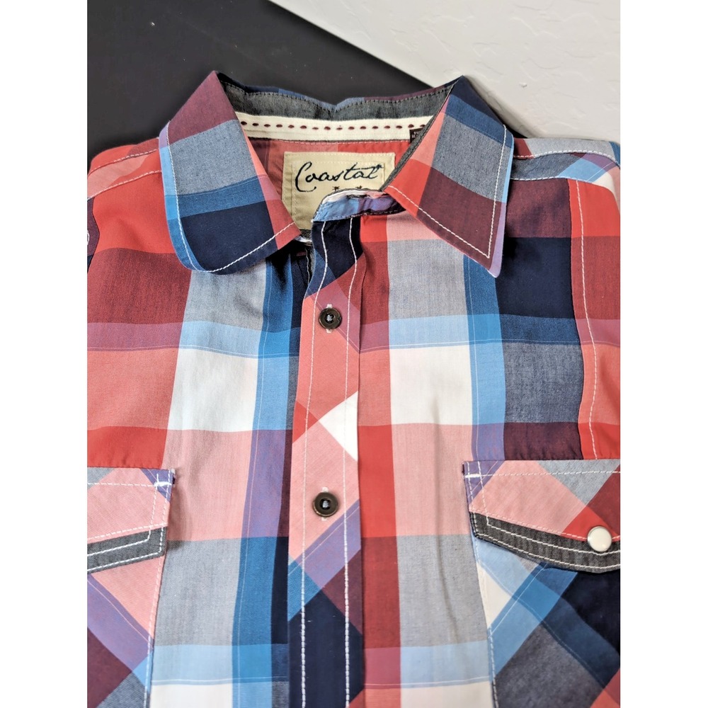 Coastal Men's XL Plaid Red White Blue Short Sleeve Shirt California Beach